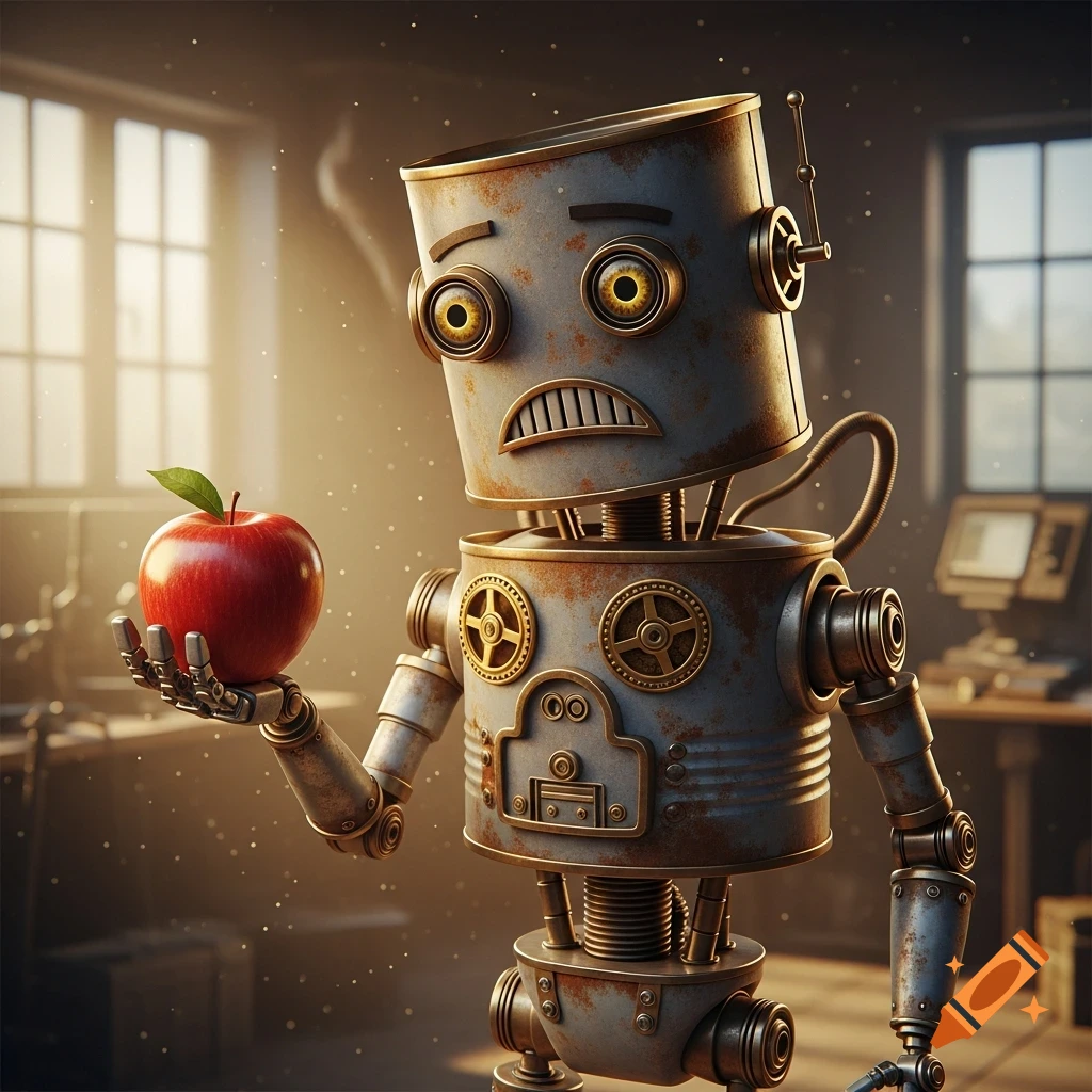 A rusty, anthropomorphic robot with a sad expression holds a red apple in its hand, set in a sunlit industrial workshop.