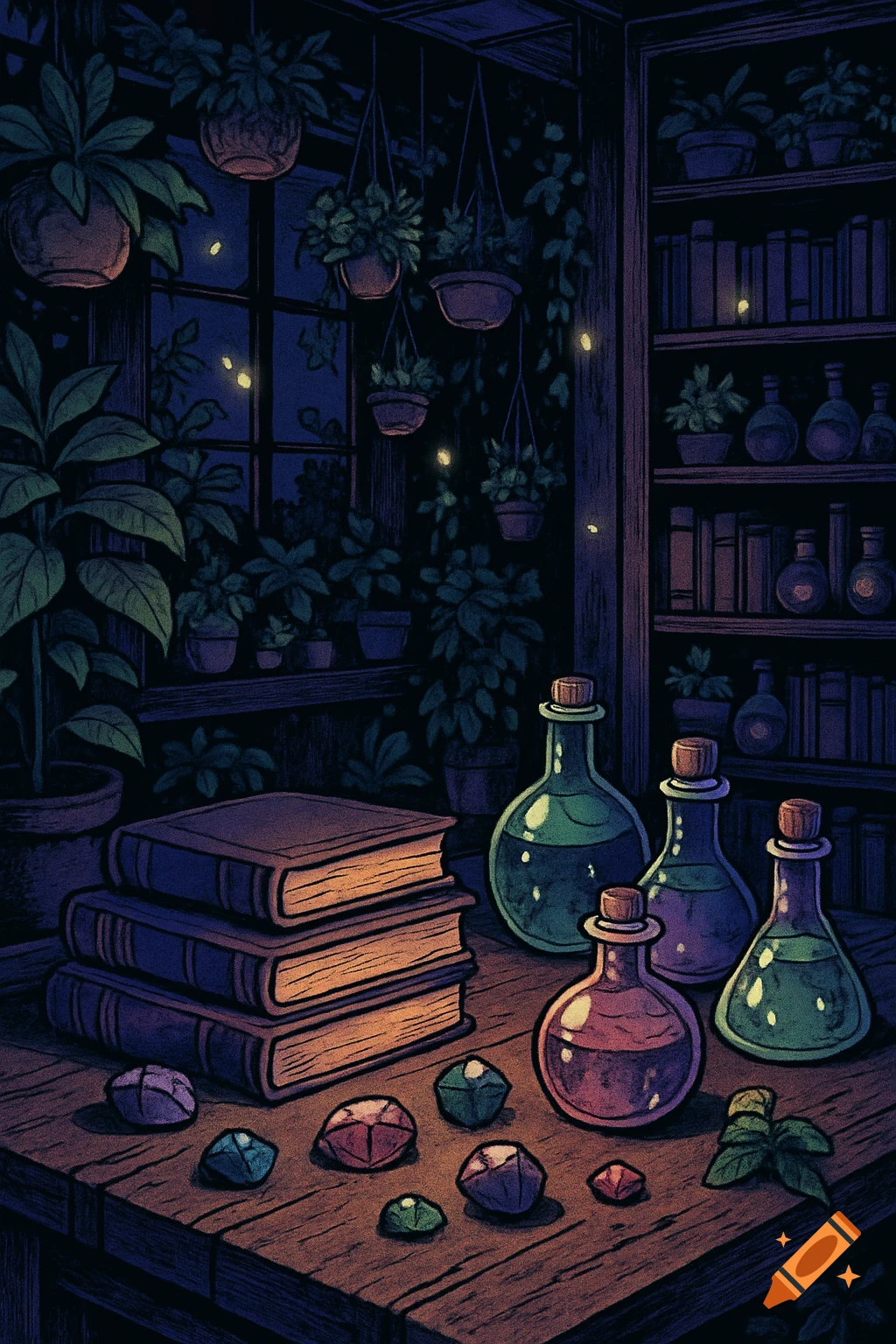Comic manga illustration of a cozy, dark room at night with plants, books, colorful potions, and glowing gems on a wooden table.