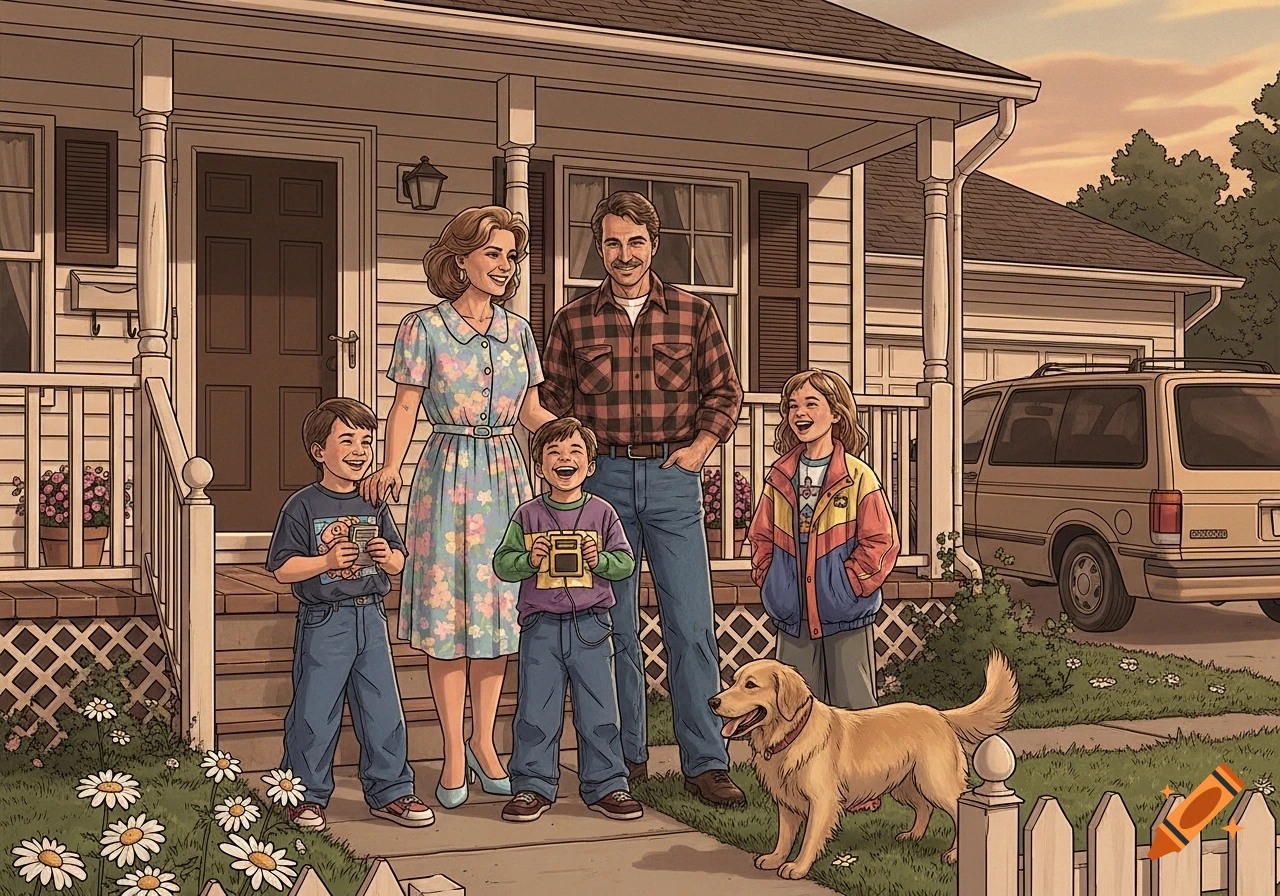 A smiling suburban family from the 90s, with a mother, father, two boys, a girl, and a golden retriever, posing in front of their house and minivan in an illustrated style.