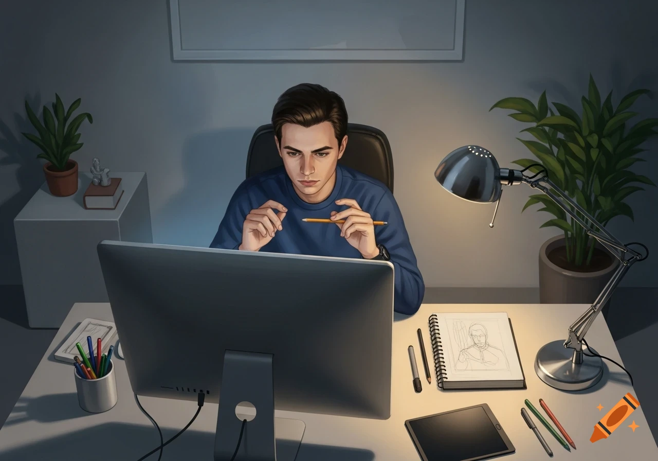 An illustration of a young man intently working at a computer desk at night, surrounded by drawing supplies and plants.