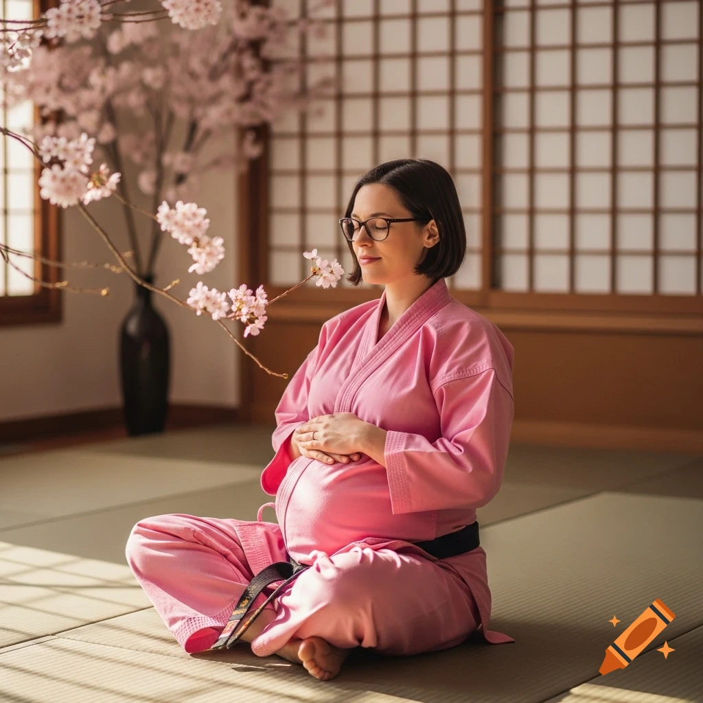 Pregnant woman in a pink karate gi and glasses, meditating with closed eyes, sitting crossed-legged in a dojo with cherry blossoms.