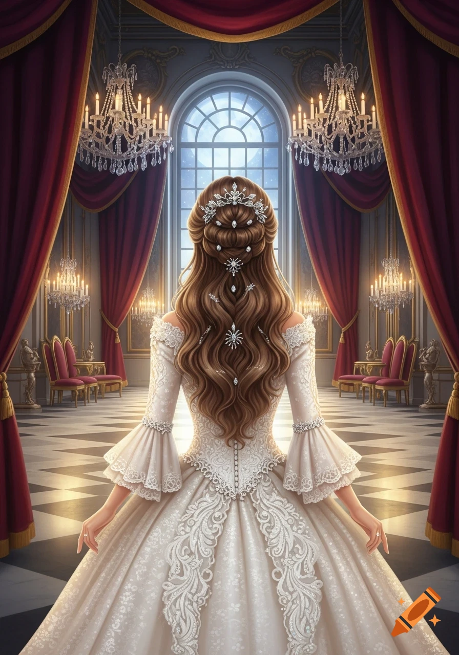 Woman in an ornate white ball gown with jeweled brown hair stands in a grand ballroom, looking towards a moonlit window.