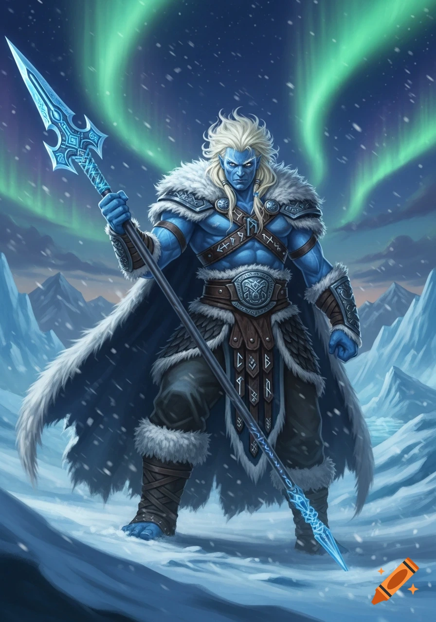 A muscular, blue-skinned Ice Viking warrior with white hair stands in a snowy mountain landscape under green aurora, holding a glowing blue spear.