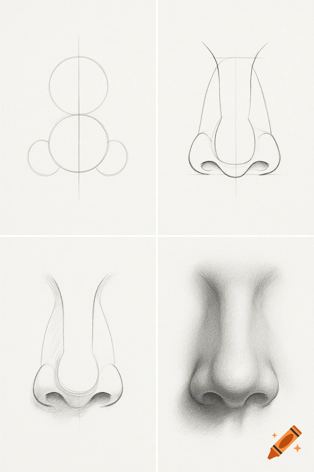 Four-panel pencil drawing tutorial showing steps to draw a human nose, from basic shapes to a shaded render.