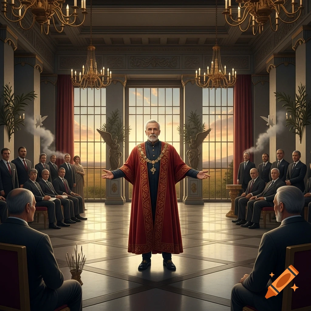 A man in a red, ornate robe addresses men in suits in a grand hall with chandeliers and large windows at sunset.