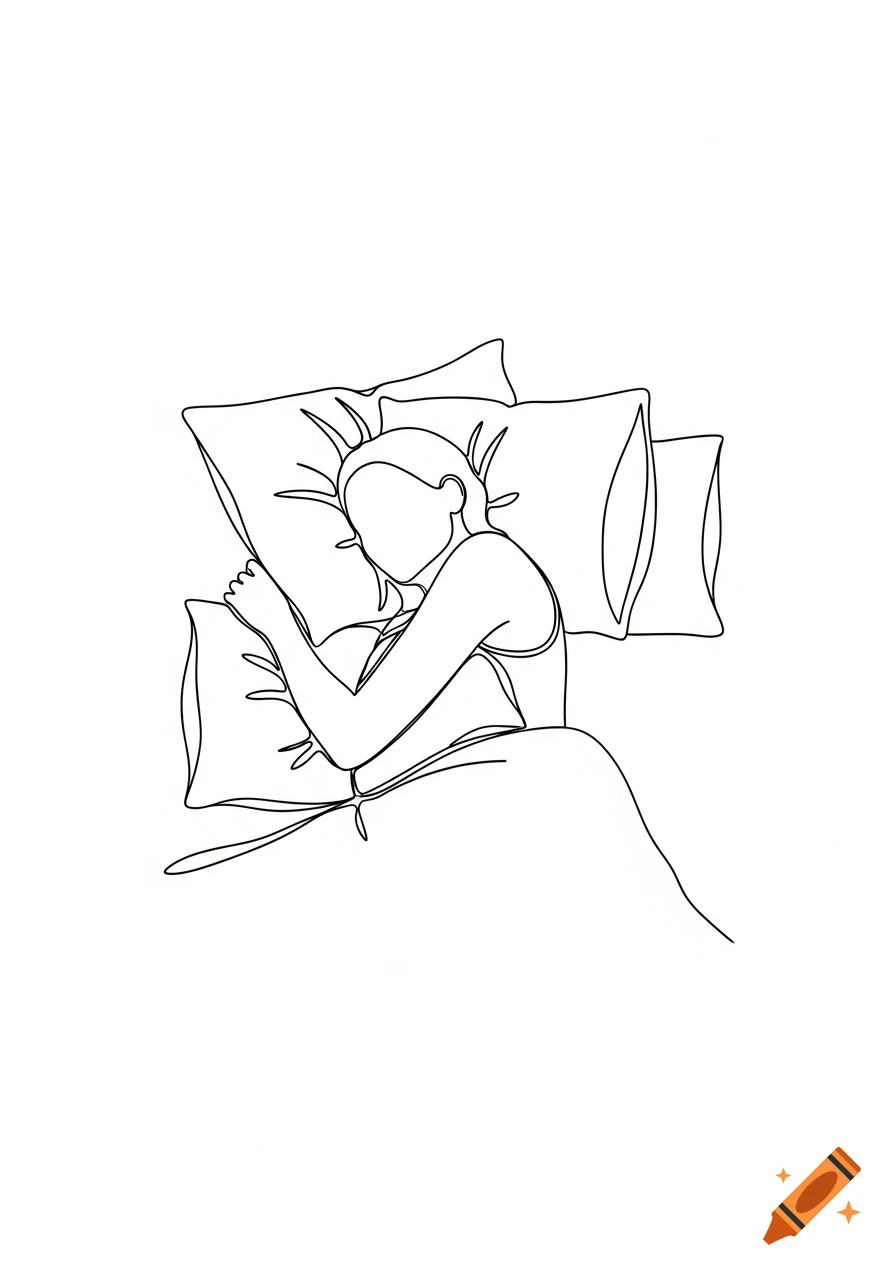 Minimalist line drawing of a person sleeping in bed, seen from above, with multiple pillows around them.