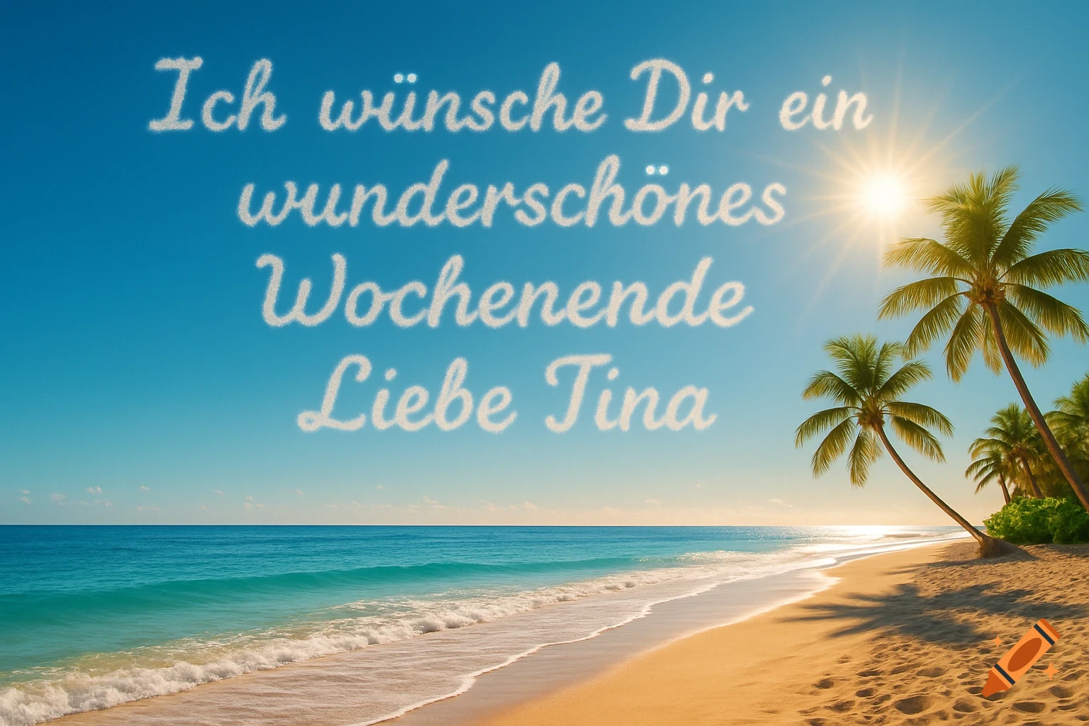 Sunny tropical beach with palm trees, ocean, and a cloud message in the blue sky.