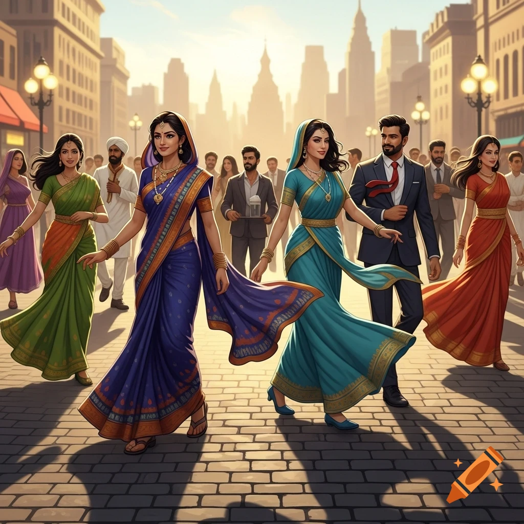 People in colorful traditional saris and suits walk along a bustling city street under a bright sky.