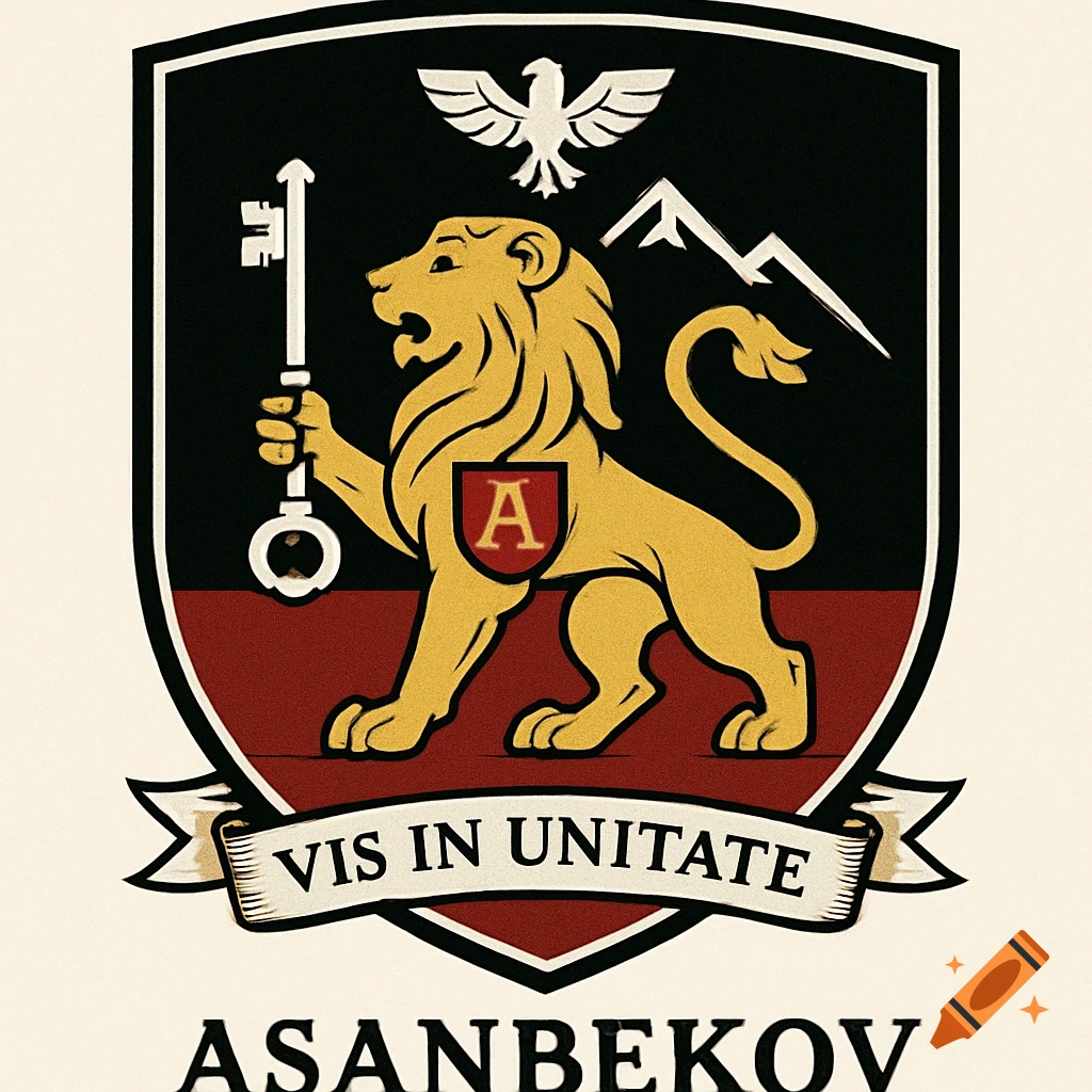 A classic heraldic shield featuring a gold rampant lion holding a silver key, with an eagle and mountains, and the motto 'VIS IN UNITATE' and 'ASANBEKOV'.
