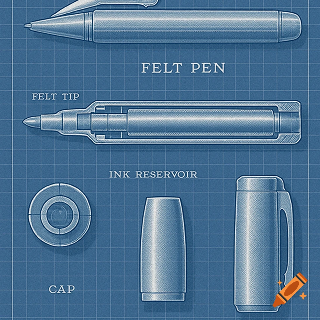 A blue blueprint-style drawing details a felt pen, showing its components like felt tip, ink reservoir, and cap with labels.