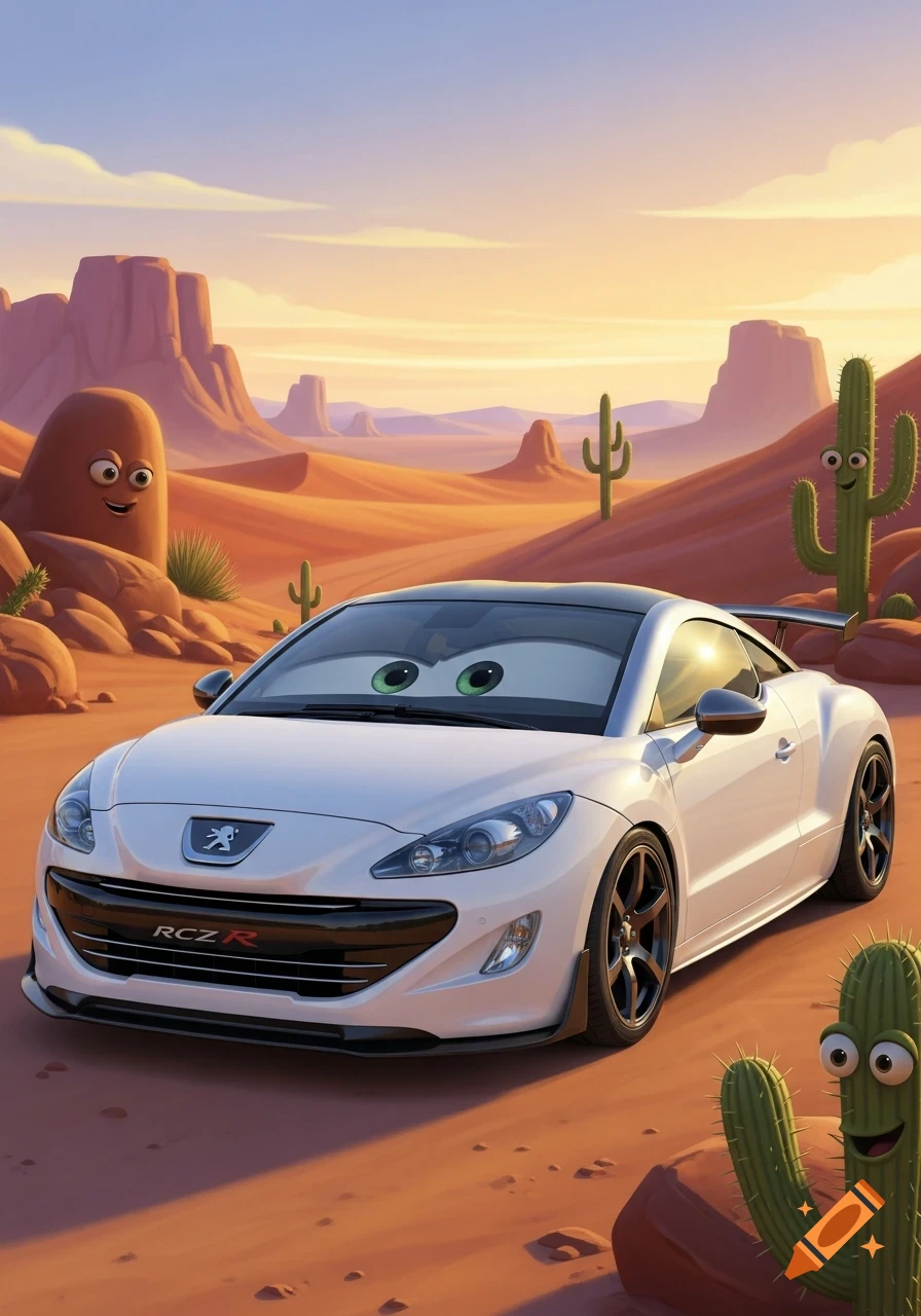 White Peugeot RCZ R with cartoon eyes in a desert with smiling cacti and rocks under a colorful sky, in a cartoon style.