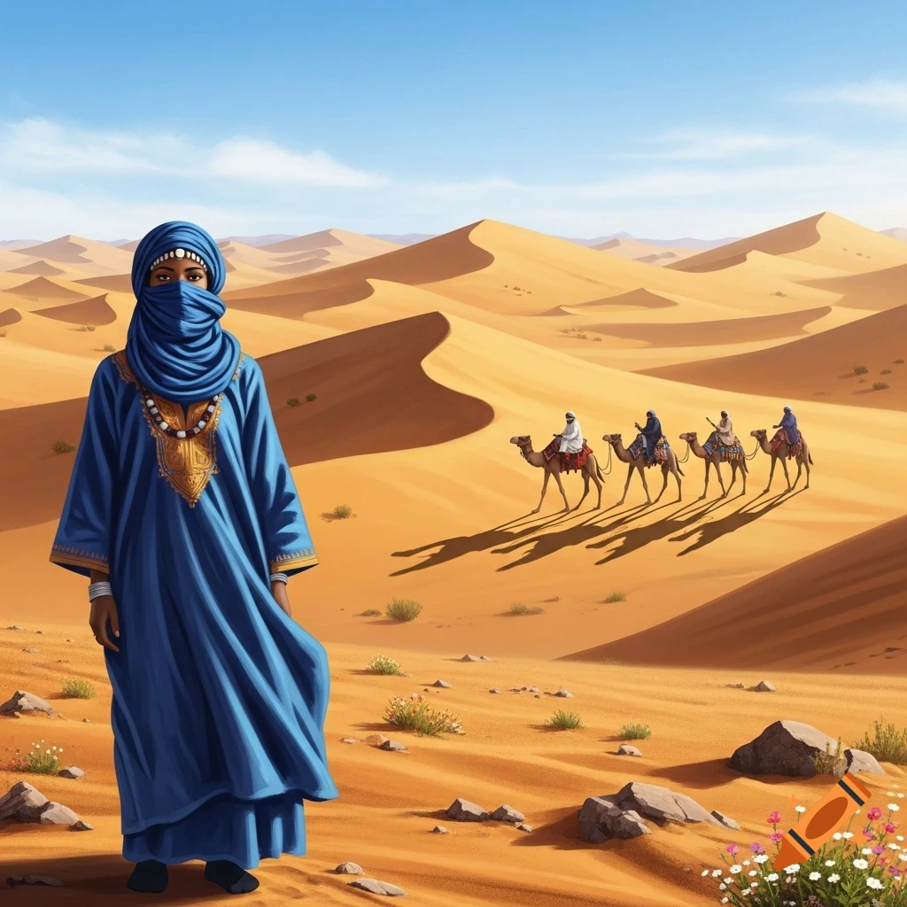 Person in blue robe and veil stands in a vast desert with a camel caravan in the background under a blue sky.