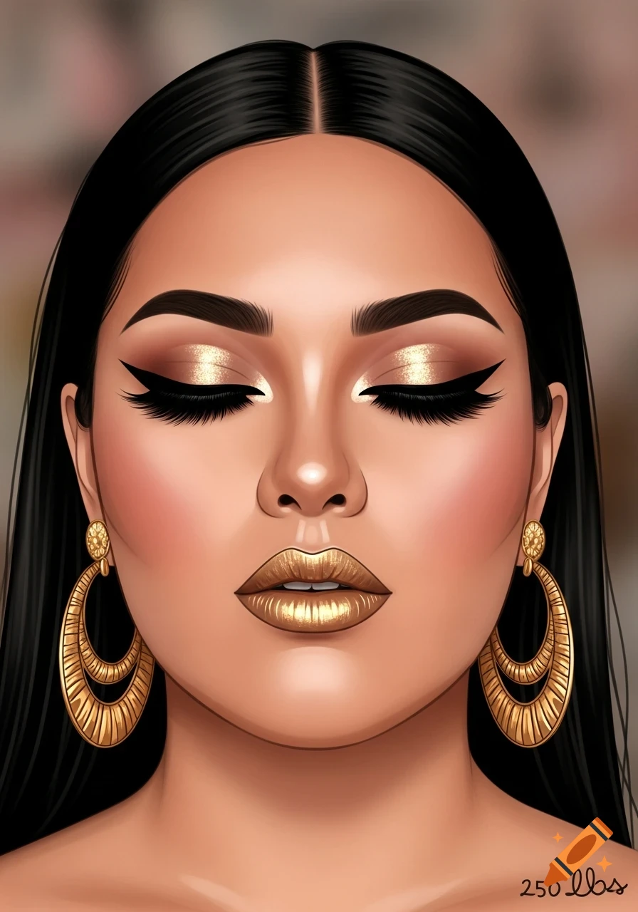 Stylized portrait illustration of a woman with black hair, closed eyes, dramatic Chola-style makeup, gold eyeshadow, gold lipstick, and large gold hoop earrings.