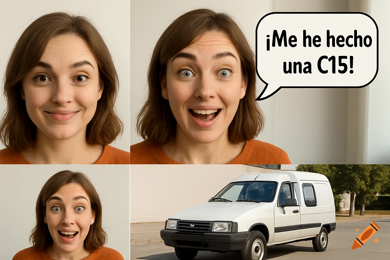 Four-panel meme: woman smiling, then surprised with speech '"> Four-panel meme: woman smiling, then surprised with speech '¡Me he hecho una C15!', and a white Citroën C15 van.