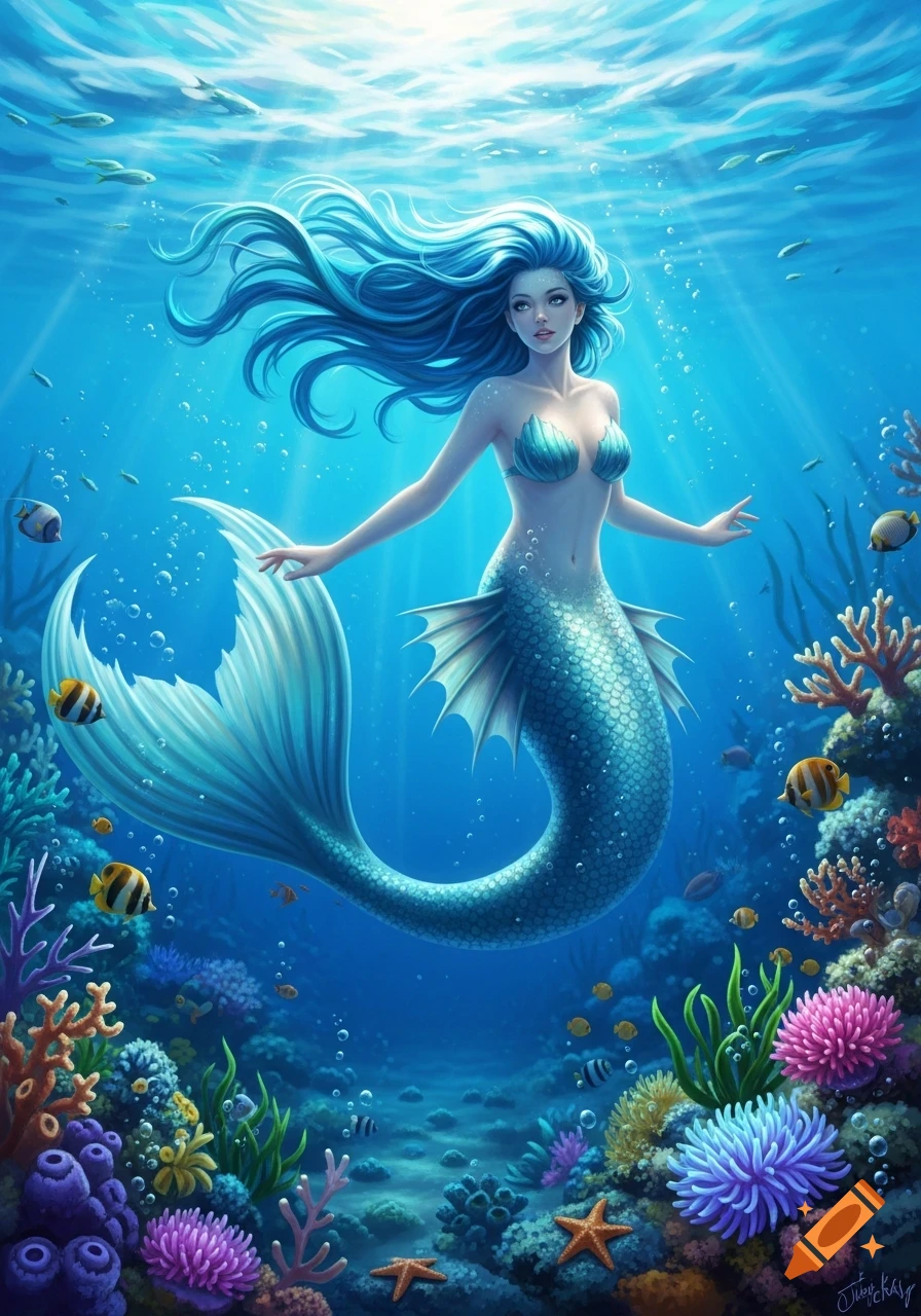 A beautiful mermaid with blue hair and a teal tail swims in a vibrant, sunlit coral reef with colorful fish.