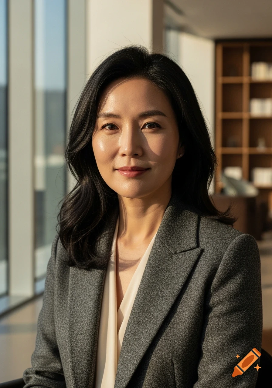 Photorealistic portrait of a Korean woman in a grey blazer and cream blouse, smiling softly in an office setting.