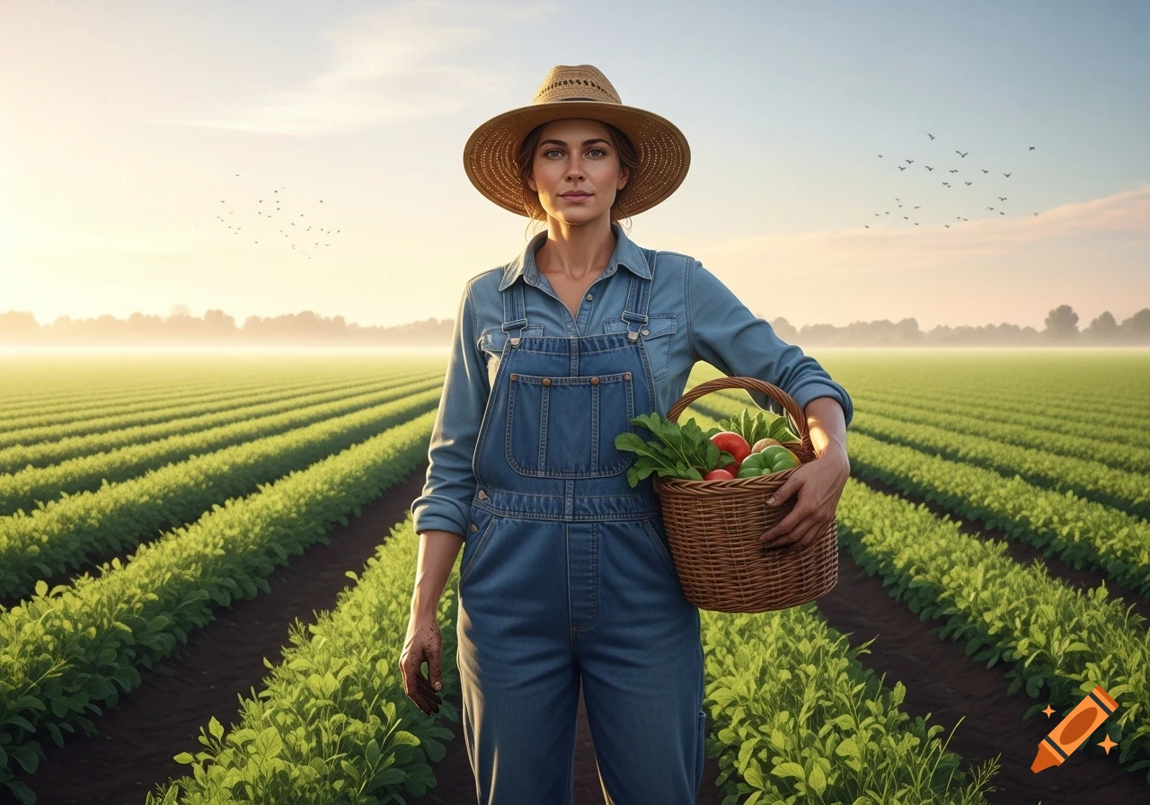 A photorealistic image of a woman farmer in a straw hat and denim overalls, standing in a vast green field at sunrise, holding a basket of fresh vegetables.
