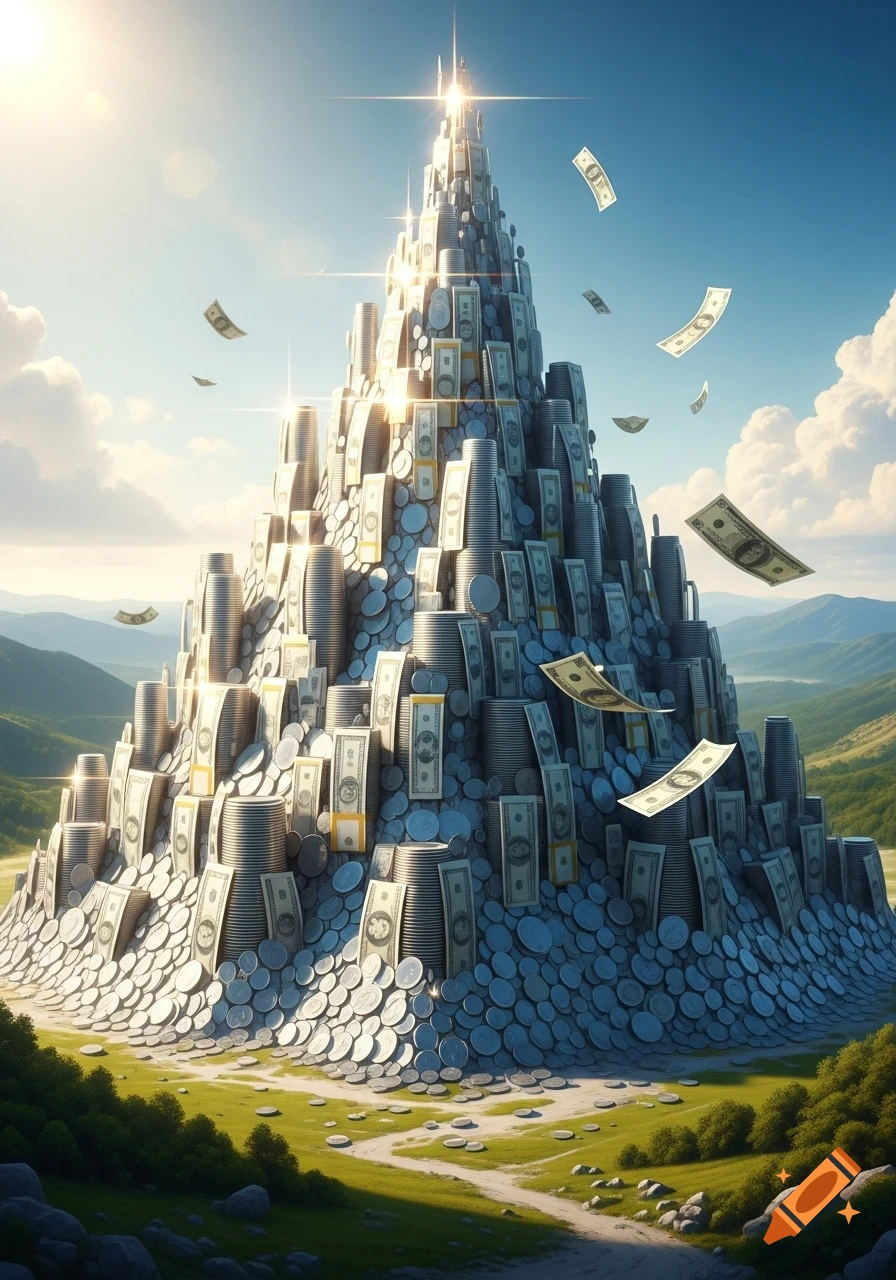 A towering mountain made of silver coins and banknotes, with more money floating in a bright blue sky, set in a lush green landscape.