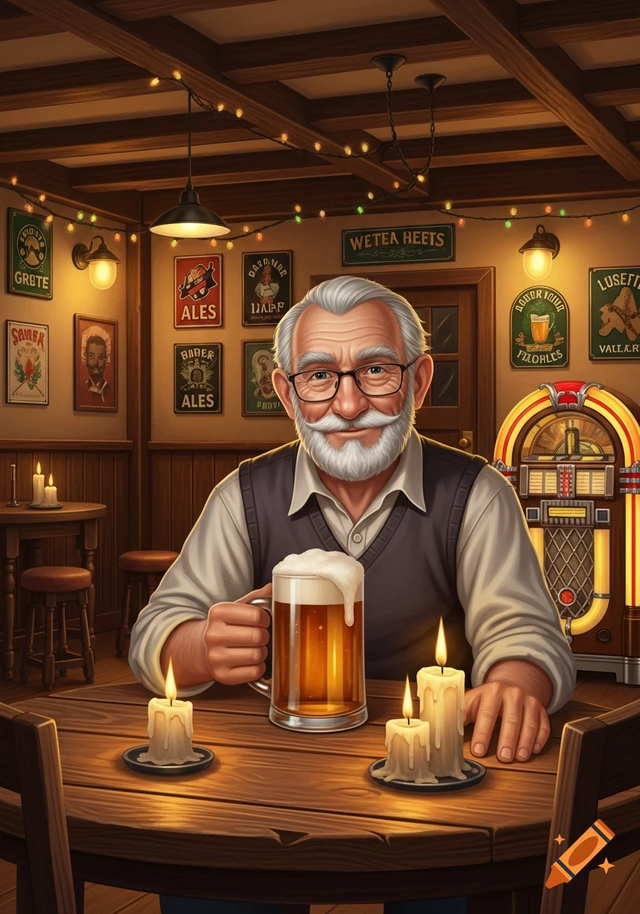 Cartoonish portrait of an old man with a white beard and glasses, holding a mug of beer in a cozy pub setting with string lights and signs.