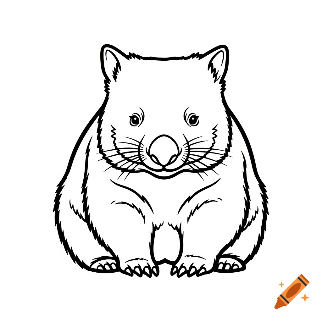 A front-facing line art illustration of a sitting wombat with bold black contours on a white background, in a coloring book style.