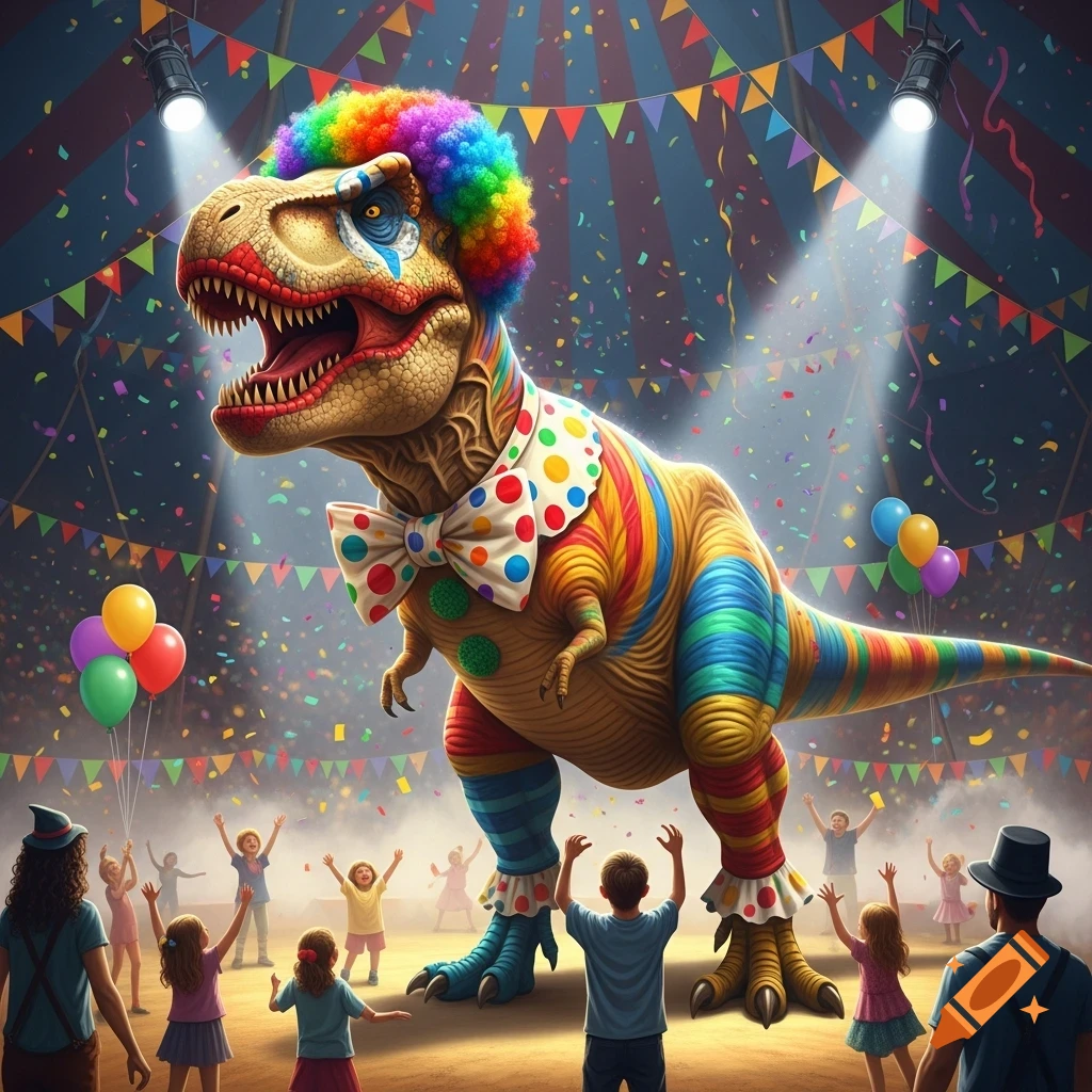 A clown T-Rex wearing a colorful wig and bow tie performs in a vibrant circus tent, surrounded by cheering children and confetti.