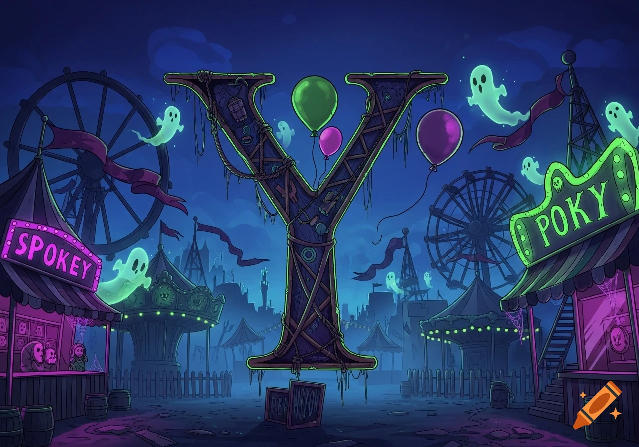 An eerie, cartoonish carnival at night with glowing green ghosts, a Ferris wheel, and carousels. A large, gnarled letter Y forms the center, with neon signs on booths saying "SPOKEY" and "POKY".