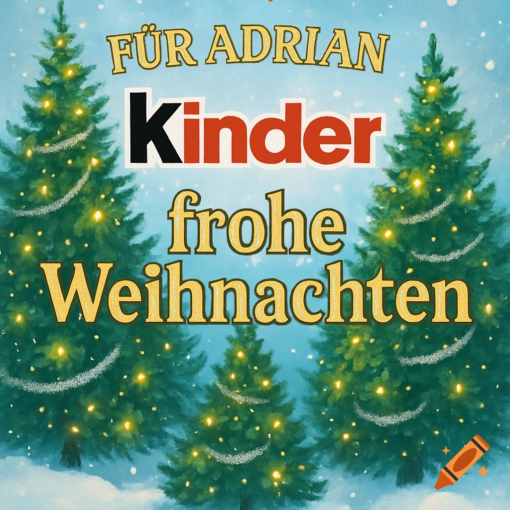 A blue Christmas card with three decorated evergreen trees in a snowy landscape. Text reads "FÜR ADRIAN Kinder frohe Weihnachten".