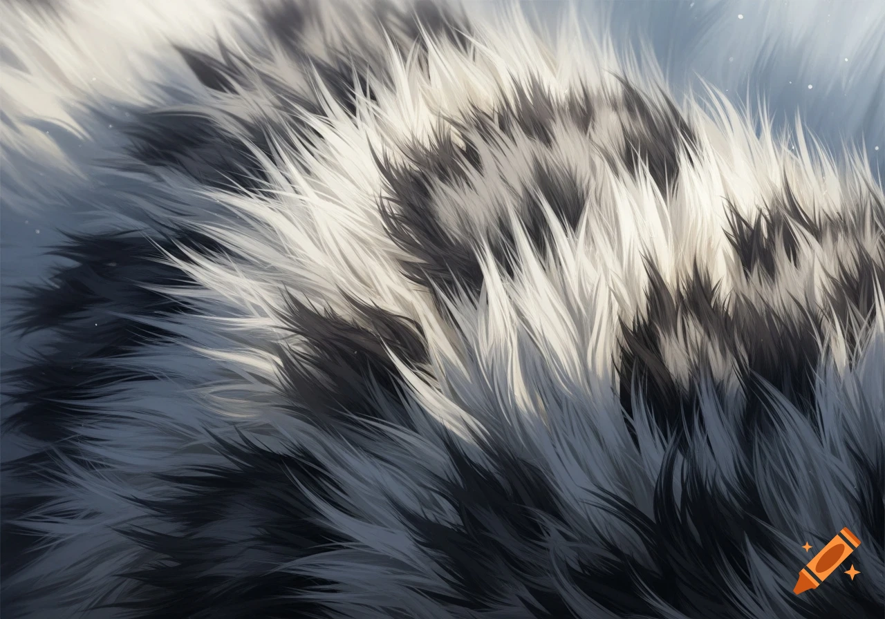 Close-up of soft, textured white and dark grey fur with visible individual strands.