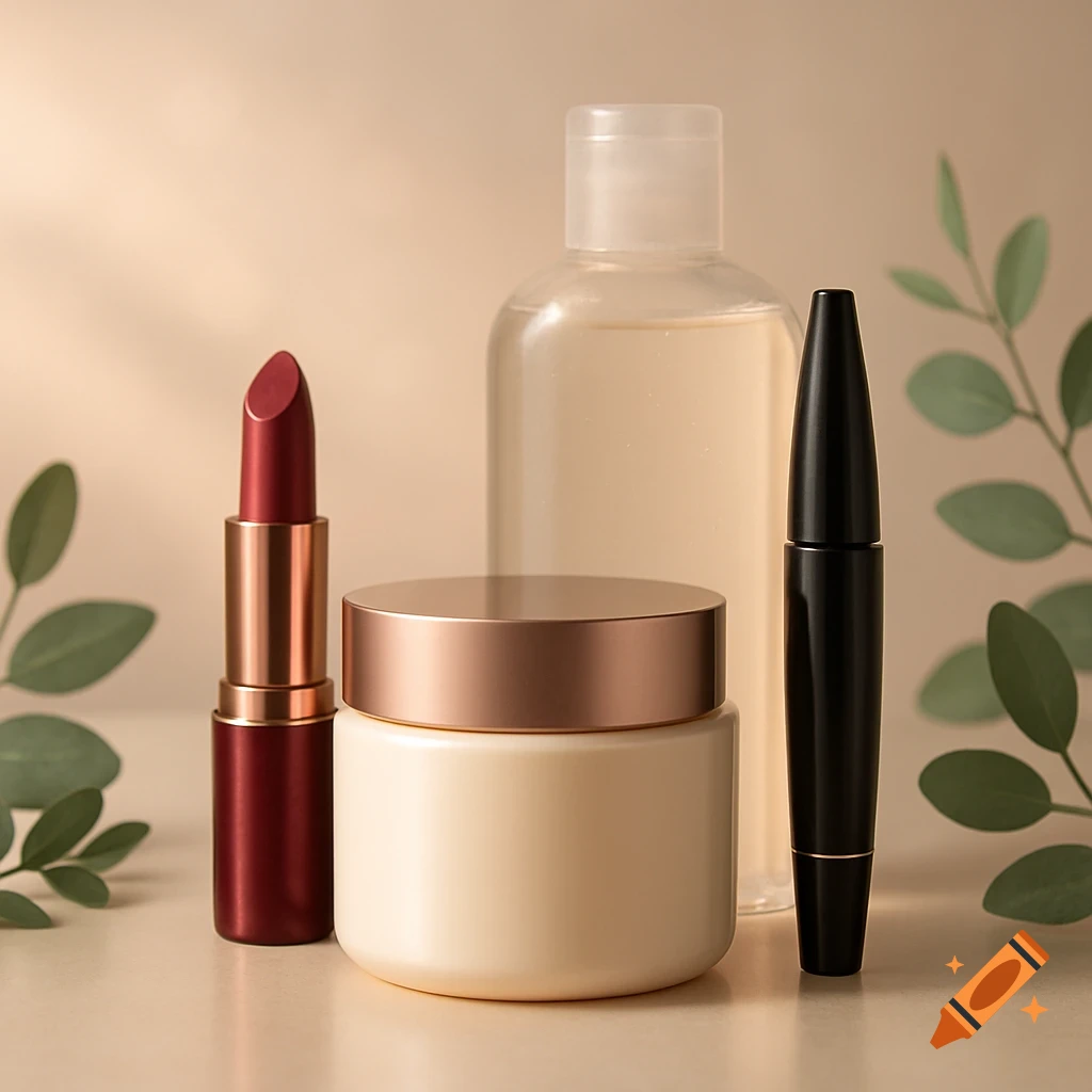 A red lipstick, a cream jar with a rose gold lid, a clear bottle, and a black mascara tube stand on a beige surface, framed by green leaves.