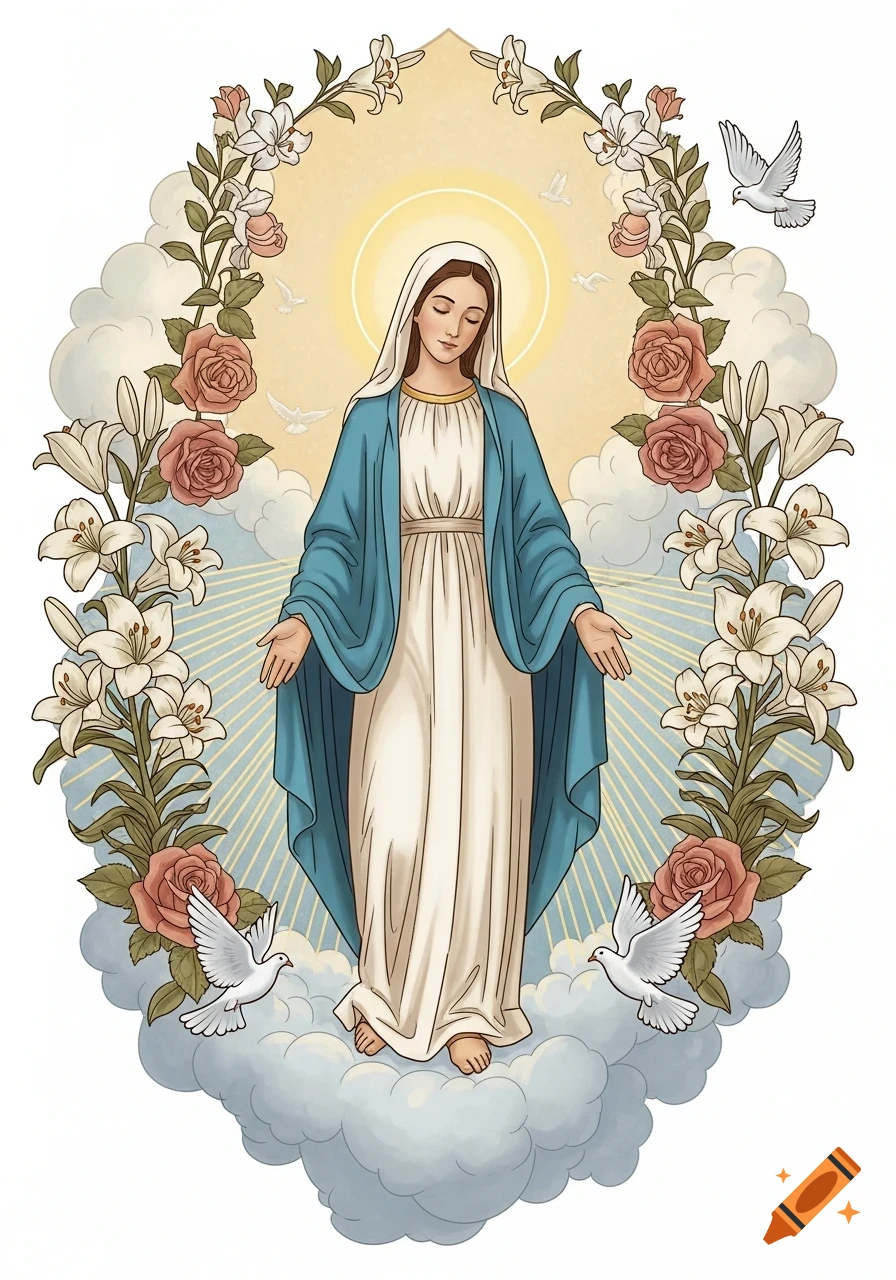 Illustration of the Virgin Mary in a white and blue gown, with a halo, surrounded by lilies, roses, doves, and clouds in an oval frame.