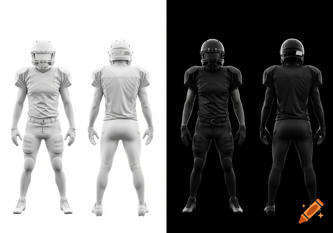 Four photorealistic American football players: two white-clad on white background (front/rear), two black-clad on black background (front/rear).