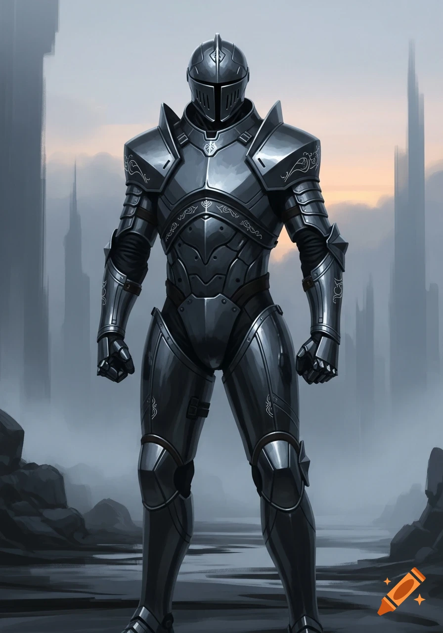 A futuristic knight in dark, sleek armor stands in a misty, desolate landscape.