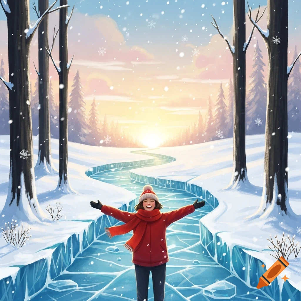 An illustration of a joyful person with arms outstretched in a snowy winter landscape with an icy path at sunrise, with falling snowflakes.