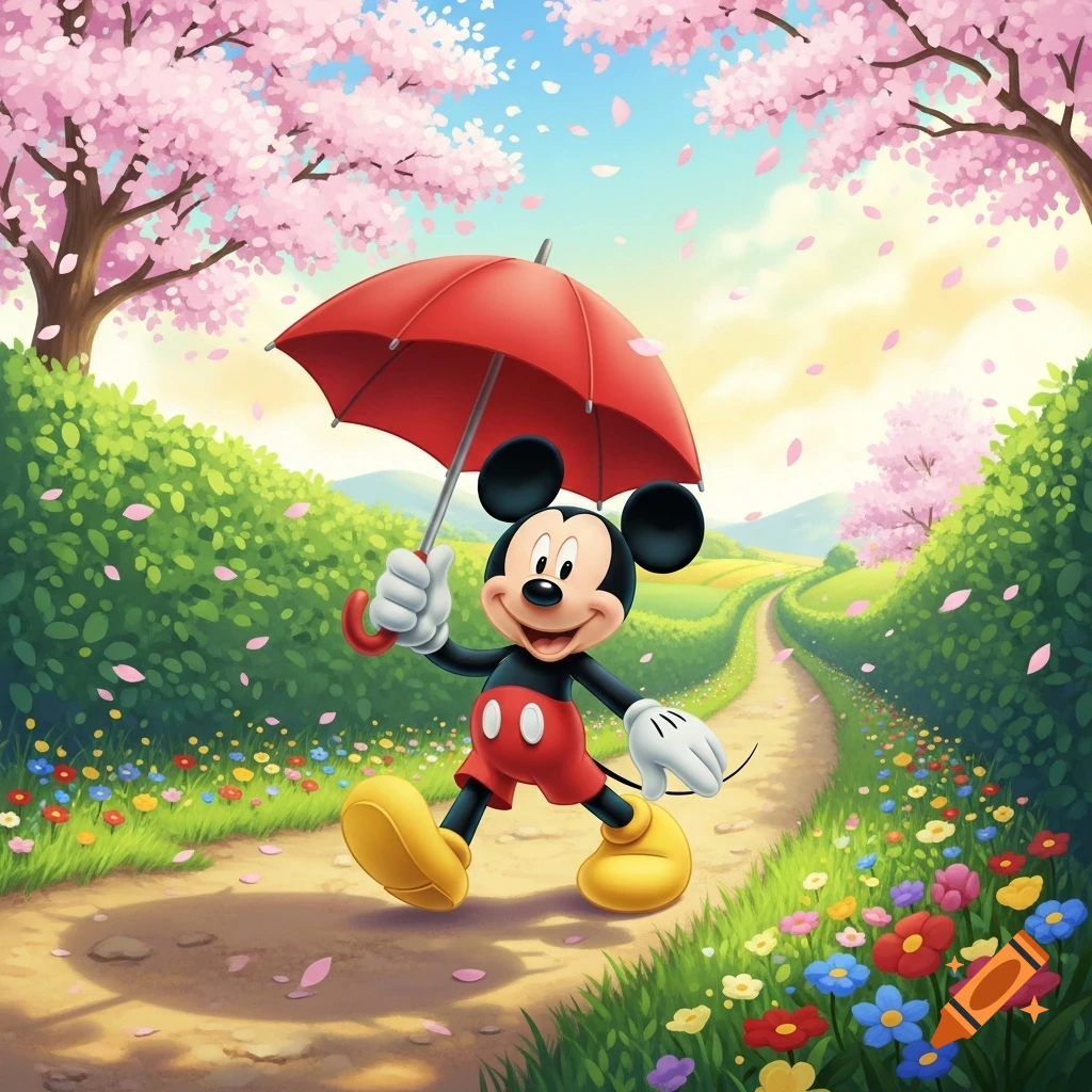 Mickey Mouse walks on a path under cherry blossoms, holding a red umbrella in a bright cartoon illustration.