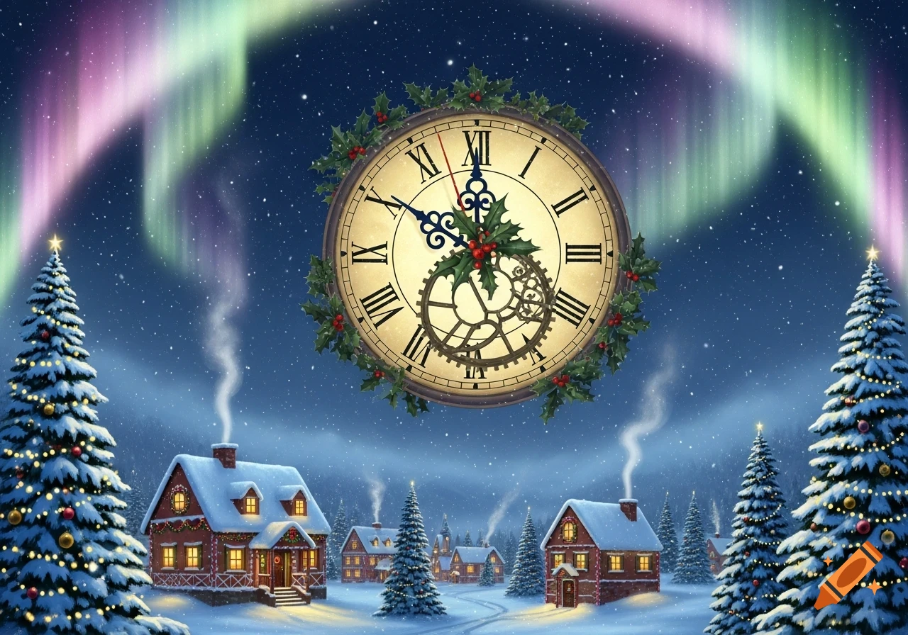 A magical snowy Christmas village at night under vibrant northern lights, with a large, ornate clock decorated with holly floating in the sky.