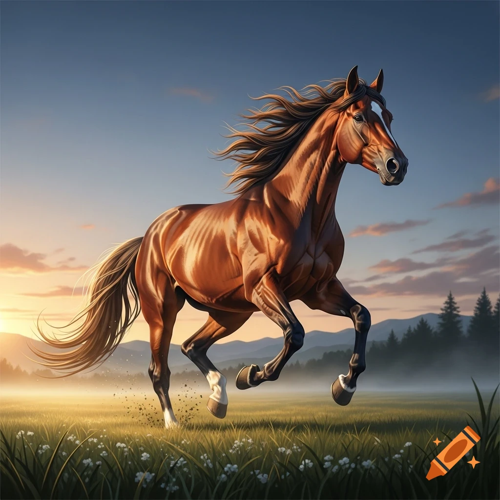 A powerful brown horse with a flowing mane gallops through a misty green field at sunrise, mountains in the distance.