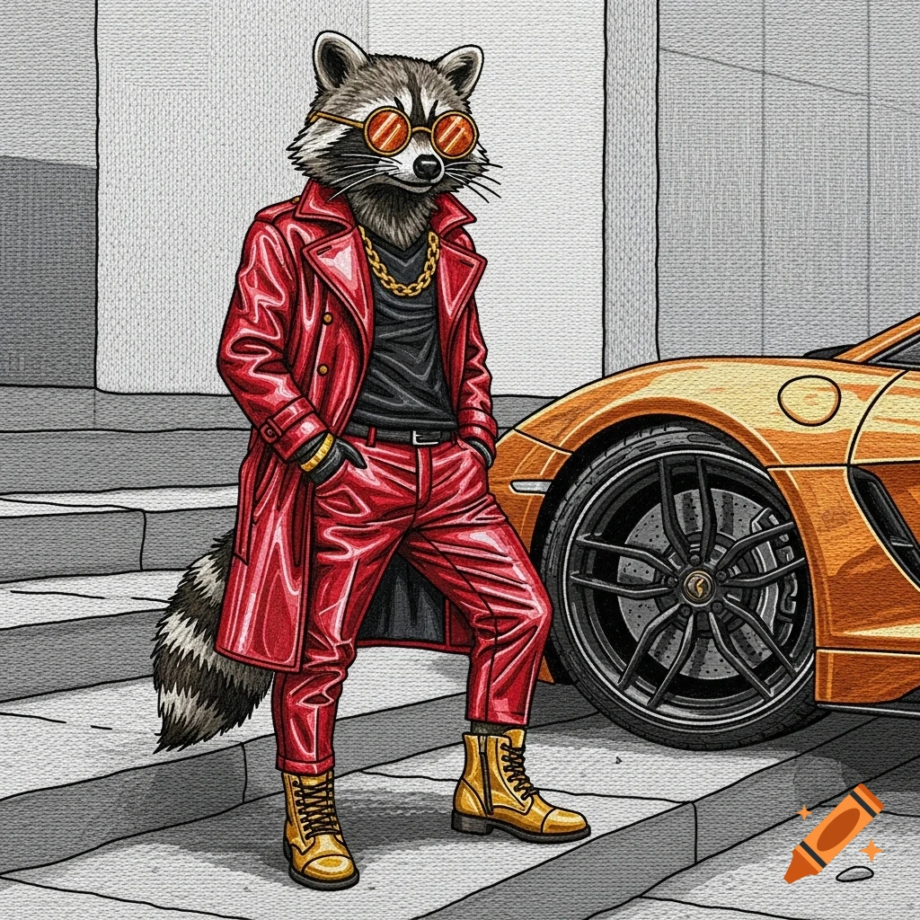 Embroidered illustration of a stylish anthropomorphic raccoon in a red coat and sunglasses standing next to an orange luxury sports car on concrete steps.