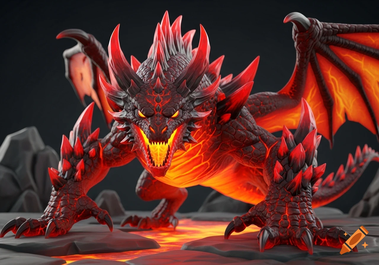 A stylized 3D magma dragon with sharp red crystals and fiery eyes stands on glowing lava in a dark setting.
