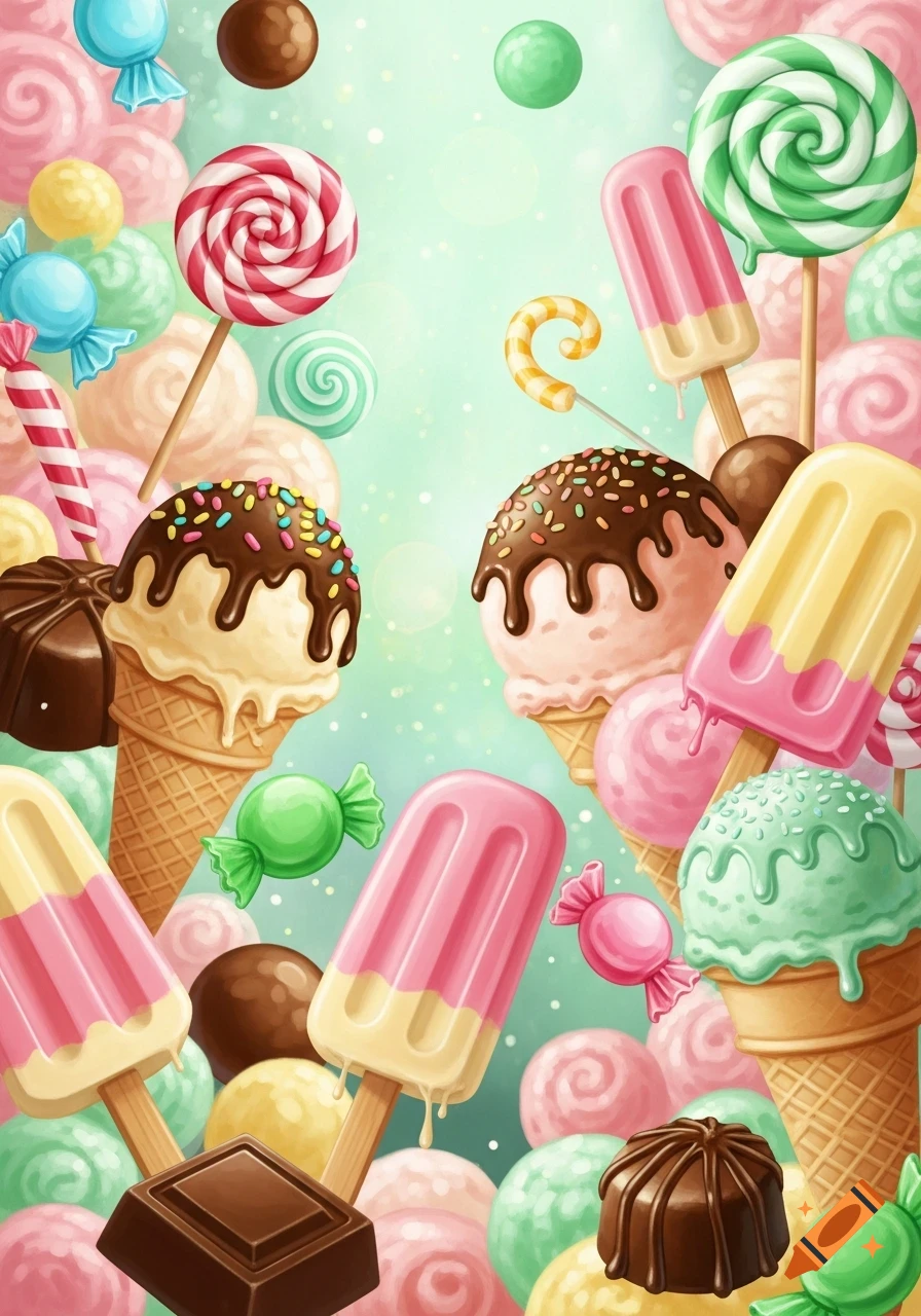 Close-up of colorful candies, lollipops, popsicles, ice cream cones, and chocolates on a pastel background.