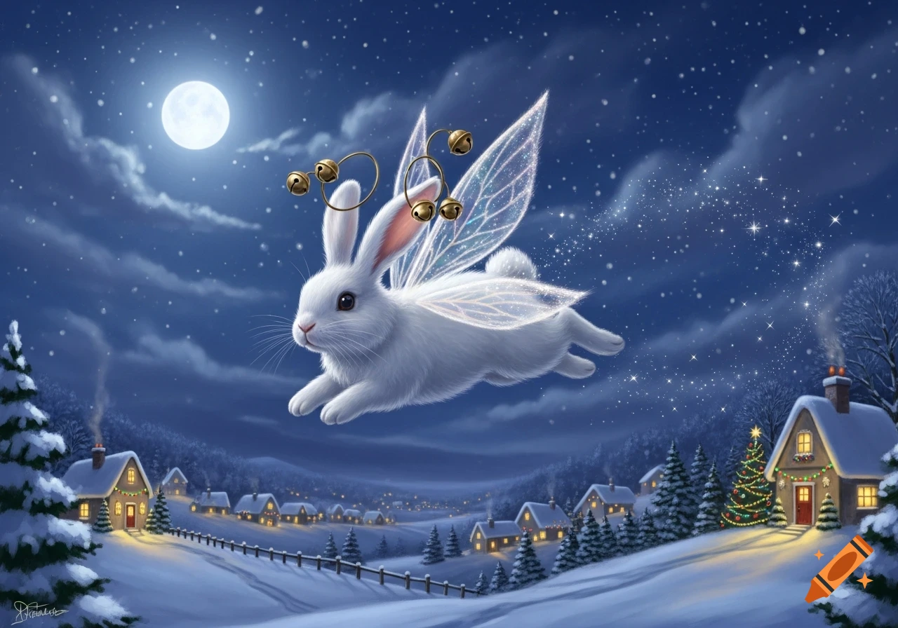 A white fairy rabbit with shimmering wings and bells flies over a snowy ...