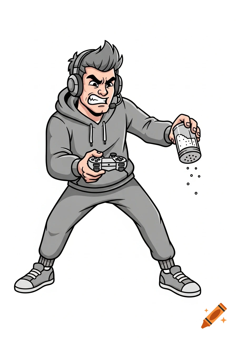A furious cartoon gamer wearing a headset and grey tracksuit, holding a controller and shaking a salt shaker.
