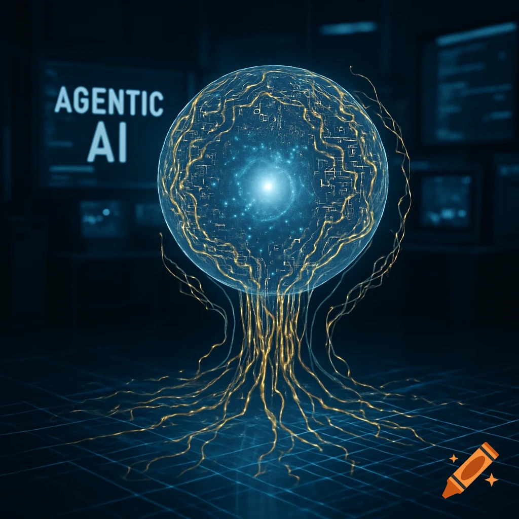 A glowing blue sphere with golden circuits and root-like tendrils on a grid, with 'AGENTIC AI' on a background screen.