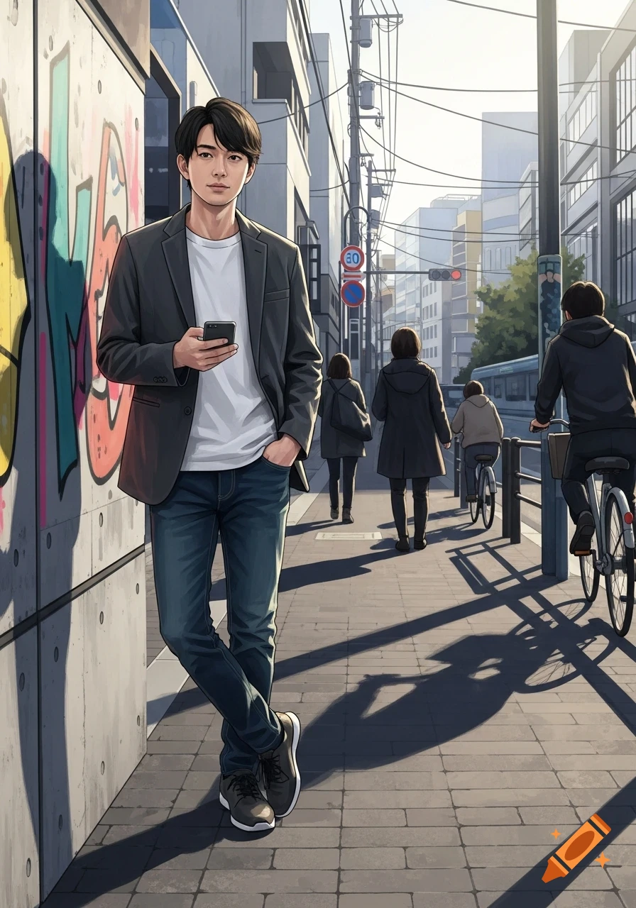 Anime-style illustration of a Japanese man checking his phone on a sunny city street with graffiti, buildings, and other pedestrians.