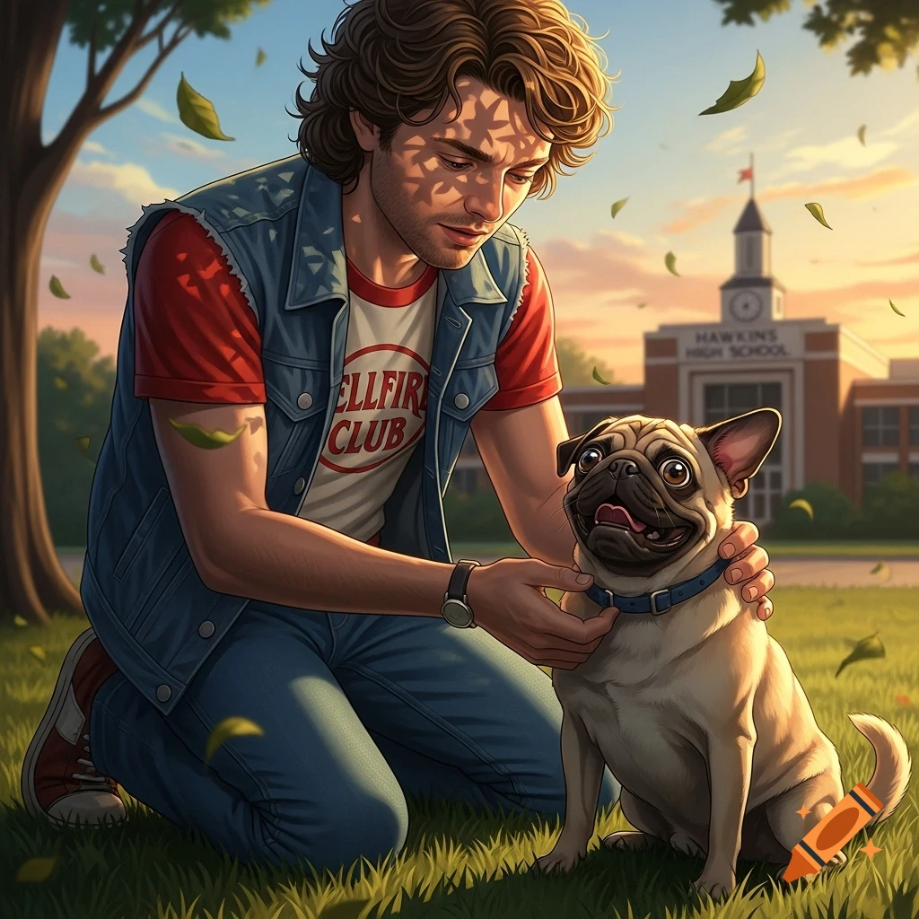 Eddie Munson from Stranger Things kneels to pet a pug on grass, with Hawkins High School in the background at sunset, digital art.
