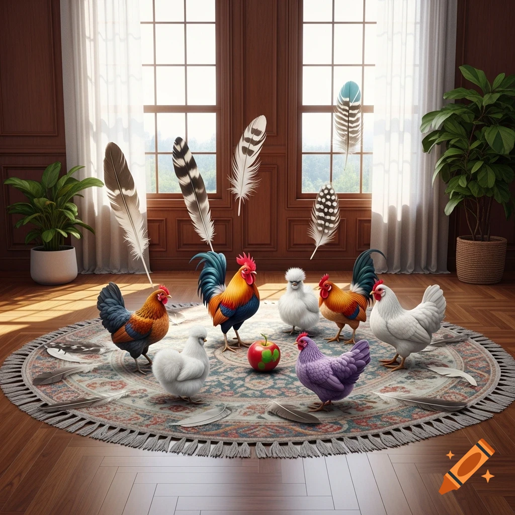 Seven colorful chickens and roosters on a patterned round rug in a sunlit wooden living room, with feathers floating around and an apple in the center.