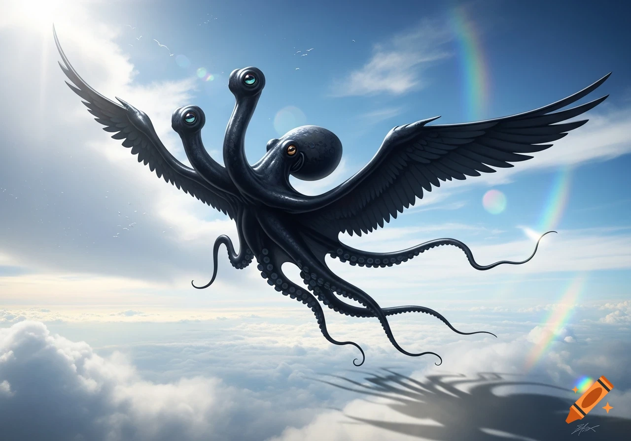 A black winged octopus with three heads flies above white clouds in a bright blue sky with a rainbow.