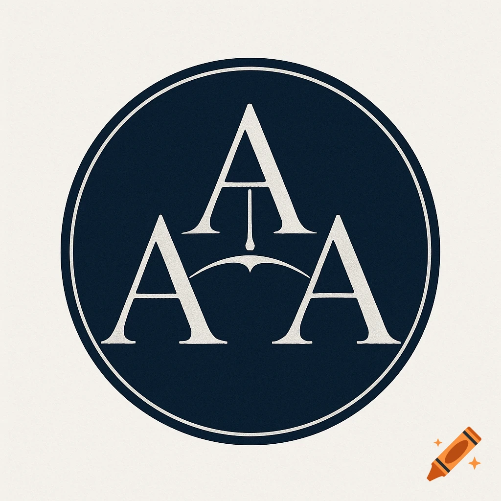 A dark blue circular logo with a white border, featuring three stylized white 'A' letters, one atop two others, connected by an abstract umbrella-like shape, all on a light beige background.