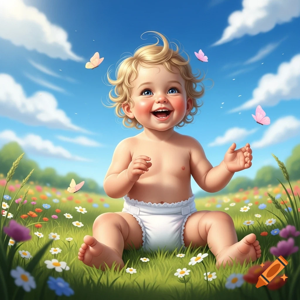 A smiling baby with curly blonde hair and blue eyes sits in a field of wildflowers under a blue sky with butterflies.