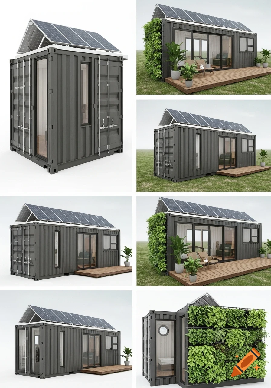 Multiple views of a modern shipping container home with solar panels, a wooden deck, and a green living wall.