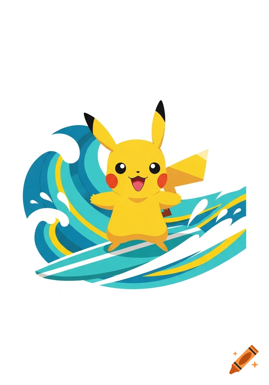 A cheerful Chibi Pikachu surfs on a blue and yellow wave, smiling.